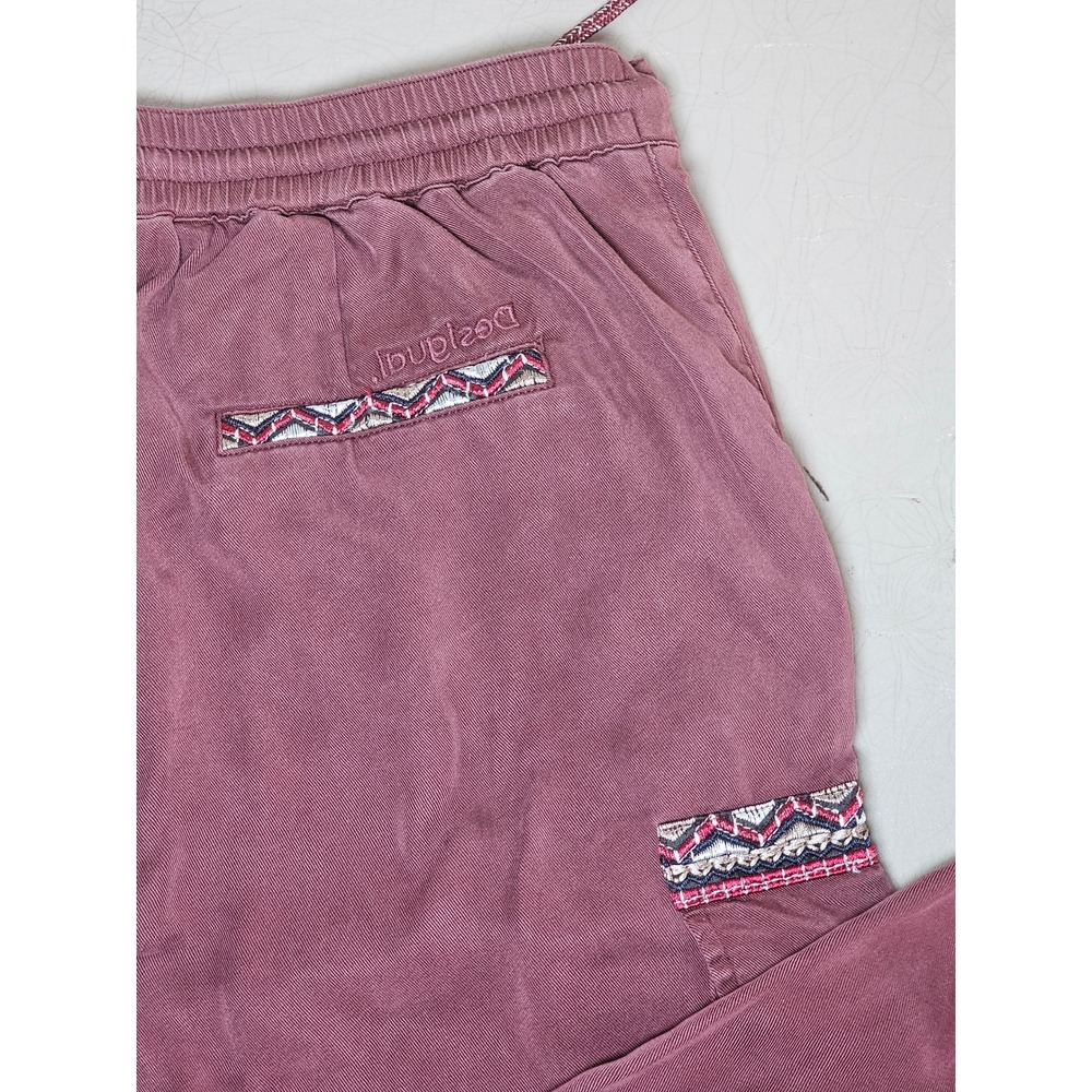 Desigual Burgundy Cargo Jogger Pants Boho Embroidered Trim Vintage Wash Large